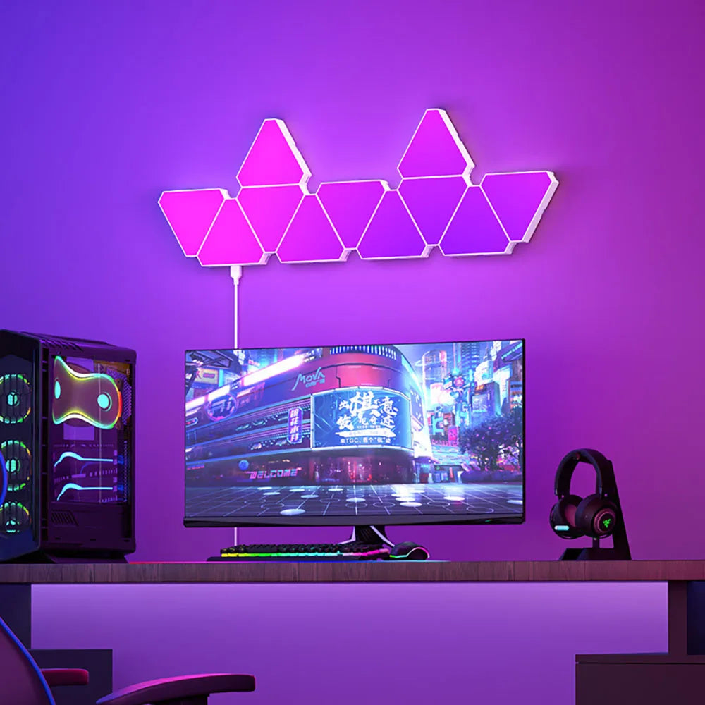 Luz LED RGB Quantum - Para Parede, Triangular, Sincronização com Música, Controlo por App e Voz Luz LED RGB Quantum - Para Parede, Triangular, Sincronização com Música, Controlo por App e Voz